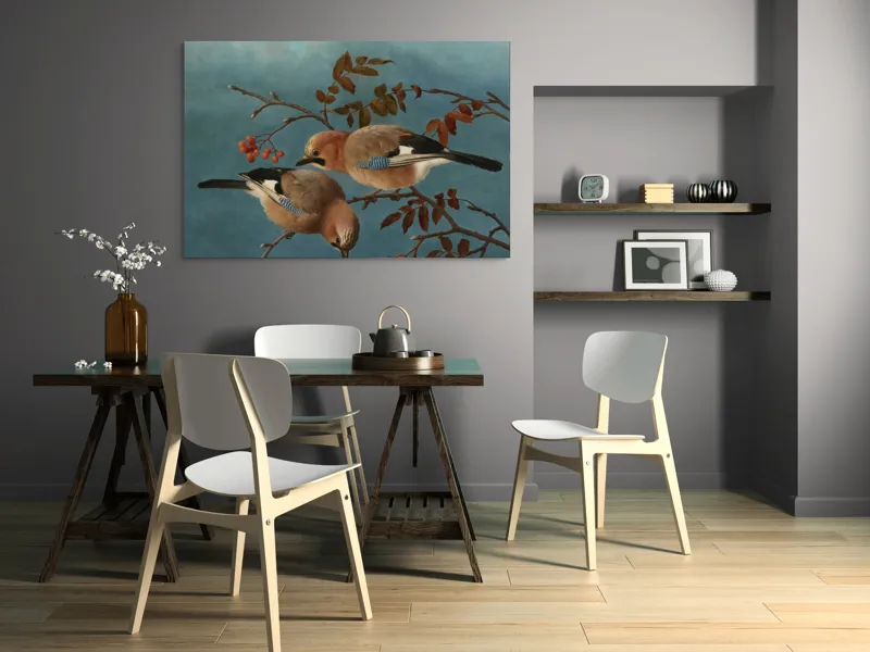 Tablou Canvas, "Două păsări pe ramuri toamna", Pene, Cuib, Vrej, Frunze, Cer, Pasari, Ramuri, Rosu, Albastru, Finete, 150 x 100 cm – poza 5
