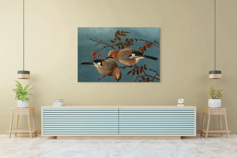 Tablou Canvas, "Două păsări pe ramuri toamna", Pene, Cuib, Vrej, Frunze, Cer, Pasari, Ramuri, Rosu, Albastru, Finete, 150 x 100 cm – poza 6