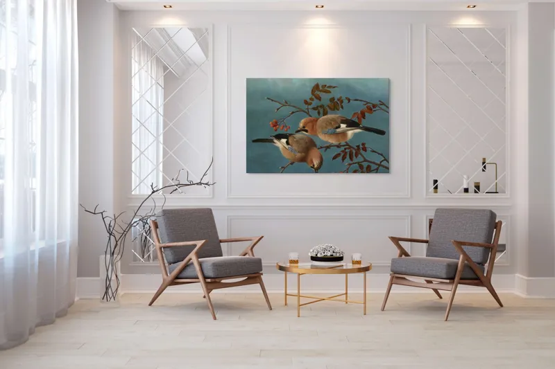 Tablou Canvas, "Două păsări pe ramuri toamna", Pene, Cuib, Vrej, Frunze, Cer, Pasari, Ramuri, Rosu, Albastru, Finete, 150 x 100 cm – poza 7