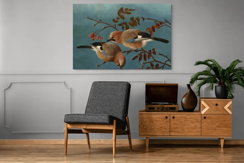 Tablou Canvas, "Două păsări pe ramuri toamna", Pene, Cuib, Vrej, Frunze, Cer, Pasari, Ramuri, Rosu, Albastru, Finete, 150 x 100 cm – poza 8