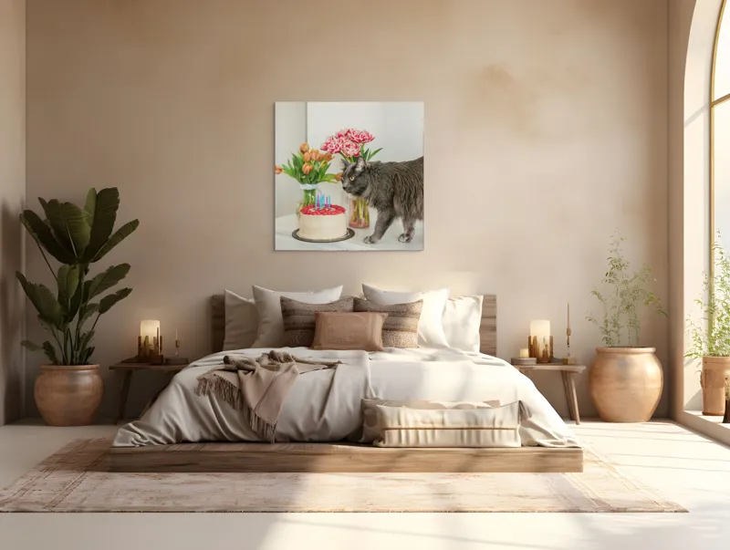 Tablou Canvas, "Pisica curioasă și tortul aniversar", Pisică, Tort, Flori, Lumanari, Mobilă, Felicitare, Sărbătoare, Decor., 100 x 100 cm – poza 4