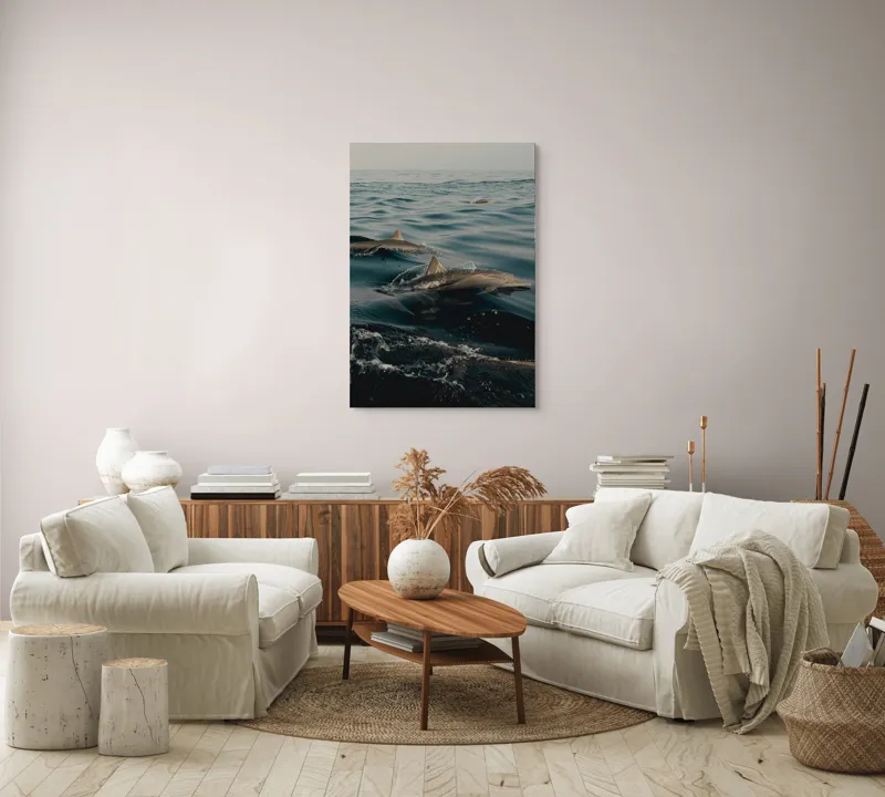 Tablou Canvas, "Dansul grațios al delfinilor liberi", Valuri, Delfini, Ocean, Calm, Reflexii, Pacific, Mișcare, Serenitate, 70 x 100 cm – poza 4