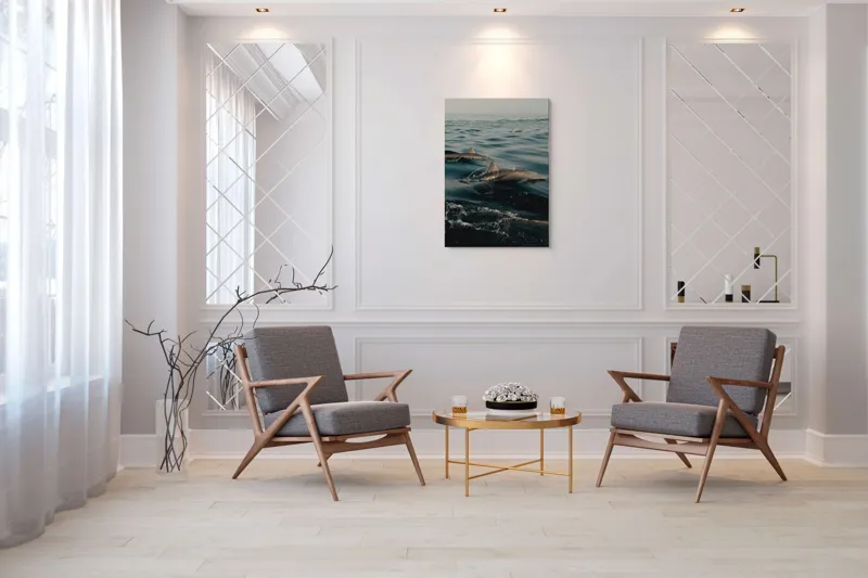 Tablou Canvas, "Dansul grațios al delfinilor liberi", Valuri, Delfini, Ocean, Calm, Reflexii, Pacific, Mișcare, Serenitate, 70 x 100 cm – poza 8