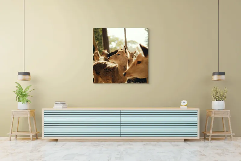 Tablou Canvas, "Cerbi în lumina dimineții pădurii", Cerbi, Pădure, Lumină, Natură, Frunziș, Sălbăticie, Serenitate, 100 x 100 cm – poza 5