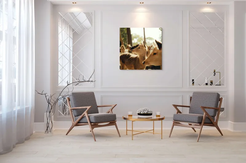 Tablou Canvas, "Cerbi în lumina dimineții pădurii", Cerbi, Pădure, Lumină, Natură, Frunziș, Sălbăticie, Serenitate, 100 x 100 cm – poza 7