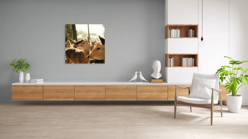 Tablou Canvas, "Cerbi în lumina dimineții pădurii", Cerbi, Pădure, Lumină, Natură, Frunziș, Sălbăticie, Serenitate, 100 x 100 cm – poza 8