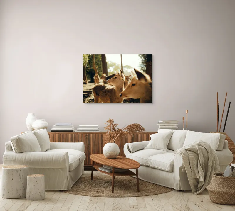 Tablou Canvas, "Cerbi în lumina dimineții pădurii", Cerbi, Pădure, Lumină, Natură, Frunziș, Sălbăticie, Serenitate, 100 x 70 cm – poza 3