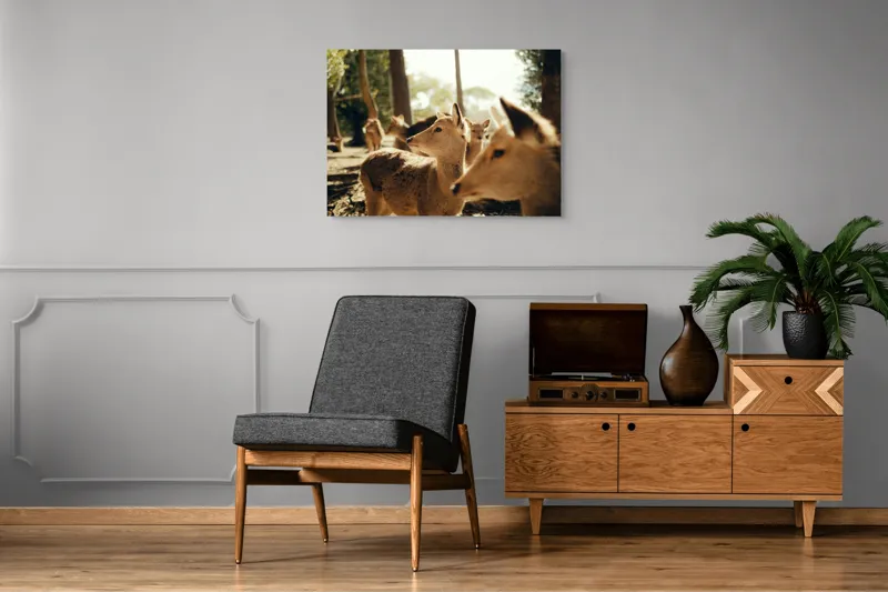Tablou Canvas, "Cerbi în lumina dimineții pădurii", Cerbi, Pădure, Lumină, Natură, Frunziș, Sălbăticie, Serenitate, 100 x 70 cm – poza 8
