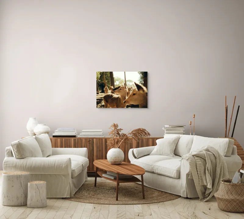 Tablou Canvas, "Cerbi în lumina dimineții pădurii", Cerbi, Pădure, Lumină, Natură, Frunziș, Sălbăticie, Serenitate, 70 x 50 cm – poza 6