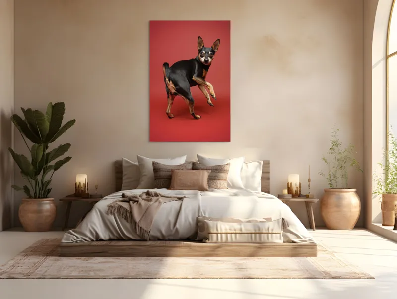 Tablou Canvas, "Cățel curios în decor roșu", 100 x 150 cm – poza 3