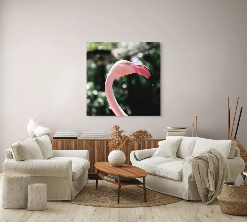 Tablou Canvas, "Flamingo în grădina tropicală luminoasă", 100 x 100 cm – poza 3