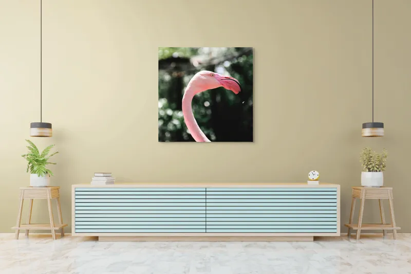 Tablou Canvas, "Flamingo în grădina tropicală luminoasă", 100 x 100 cm – poza 5
