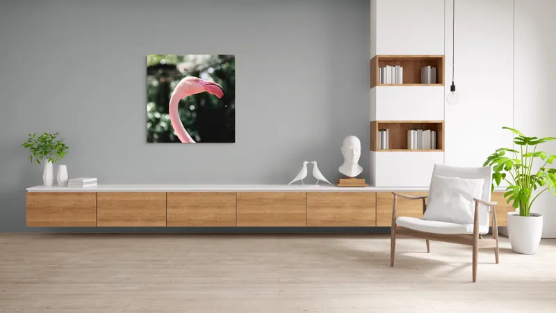 Tablou Canvas, "Flamingo în grădina tropicală luminoasă", 100 x 100 cm – poza 8