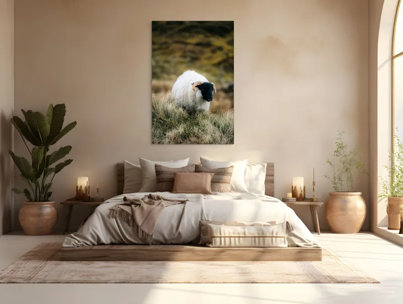 Tablou Canvas, "Oaia singuratică pe deal verde", Oaie, Blană, Coarne, Pajiște, Natură, Verde, Calm, Peisaj, 100 x 150 cm – poza 3