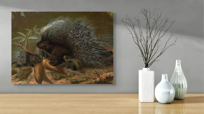 Tablou Canvas, "Te rog baga aici frunza tropicală", Spini, Porc, Copac, Noapte, Foarte, Frunze, Pământ, Arici, Familie, Natură, 70 x 50 cm – poza 3