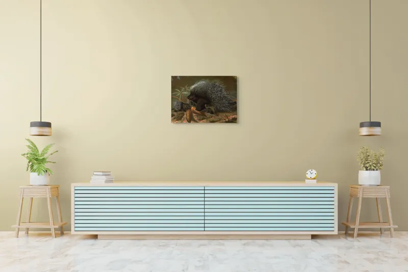 Tablou Canvas, "Te rog baga aici frunza tropicală", Spini, Porc, Copac, Noapte, Foarte, Frunze, Pământ, Arici, Familie, Natură, 70 x 50 cm – poza 7