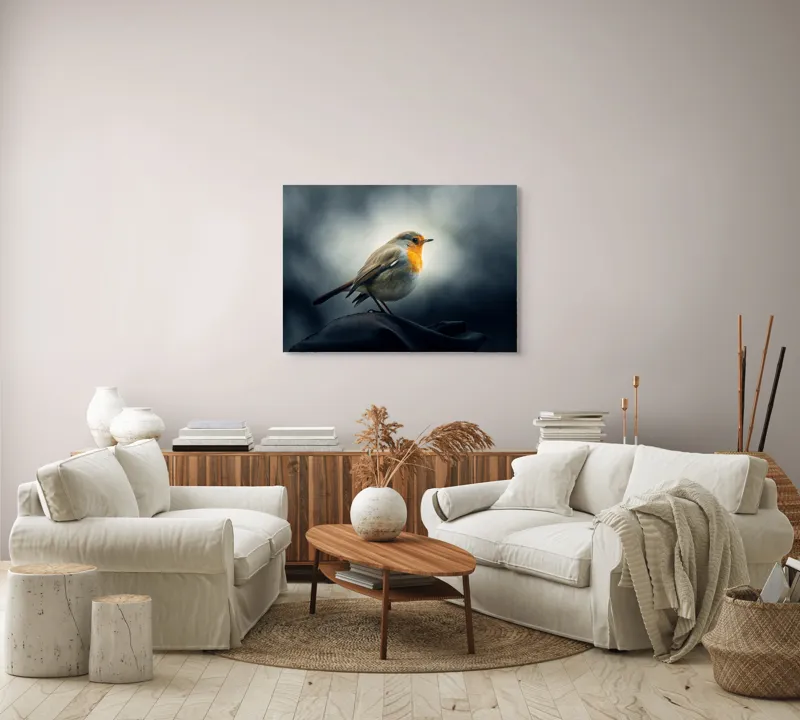 Tablou Canvas, "Sufletul pădurii în zori gri", Pasăre, Ramură, Culoare, Natură, Cer, Pene, Privire, Frumusețe, 100 x 70 cm – poza 3
