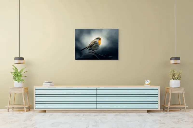 Tablou Canvas, "Sufletul pădurii în zori gri", Pasăre, Ramură, Culoare, Natură, Cer, Pene, Privire, Frumusețe, 100 x 70 cm – poza 4