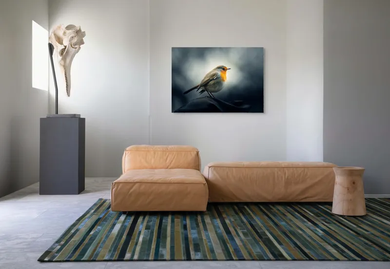 Tablou Canvas, "Sufletul pădurii în zori gri", Pasăre, Ramură, Culoare, Natură, Cer, Pene, Privire, Frumusețe, 100 x 70 cm – poza 7