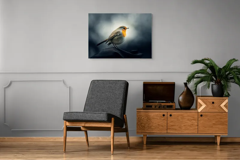 Tablou Canvas, "Sufletul pădurii în zori gri", Pasăre, Ramură, Culoare, Natură, Cer, Pene, Privire, Frumusețe, 100 x 70 cm – poza 8