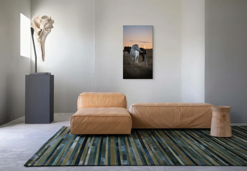 Tablou Canvas, "Cai lângă gard la apus", Cal, Apus, Gard, Iarbă, Cer, Lună, Lumină, Peisaj, 50 x 90 cm – poza 5