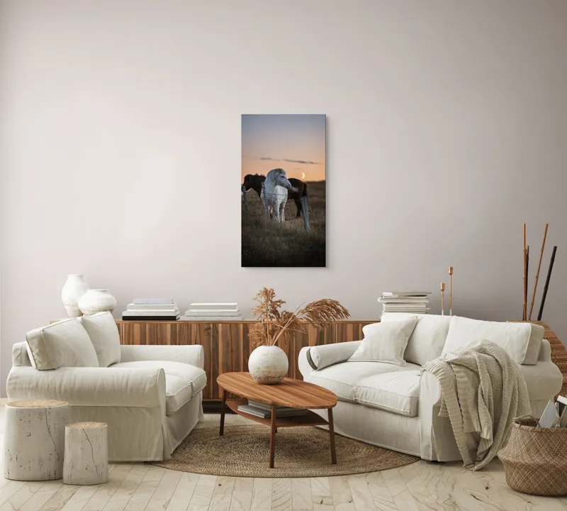 Tablou Canvas, "Cai lângă gard la apus", Cal, Apus, Gard, Iarbă, Cer, Lună, Lumină, Peisaj, 50 x 90 cm – poza 7