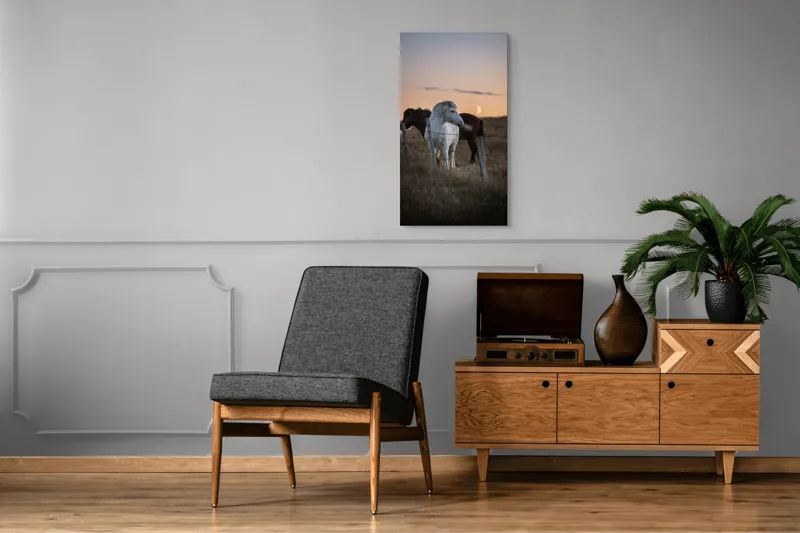 Tablou Canvas, "Cai lângă gard la apus", Cal, Apus, Gard, Iarbă, Cer, Lună, Lumină, Peisaj, 50 x 90 cm – poza 8