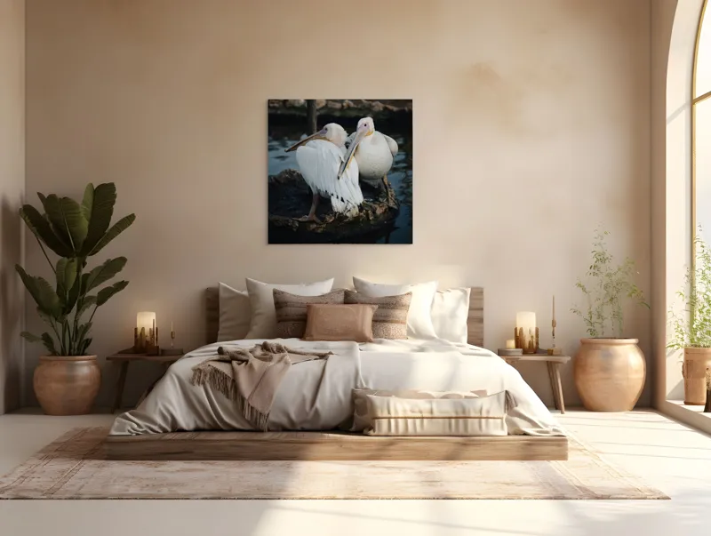 Tablou Canvas, "Pelicani în așteptarea apusului liniștit", Pelicani, Apă, Pene, Reflecție, Serenitate, Natură, Armonie, 100 x 100 cm – poza 4