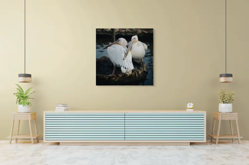 Tablou Canvas, "Pelicani în așteptarea apusului liniștit", Pelicani, Apă, Pene, Reflecție, Serenitate, Natură, Armonie, 100 x 100 cm – poza 5
