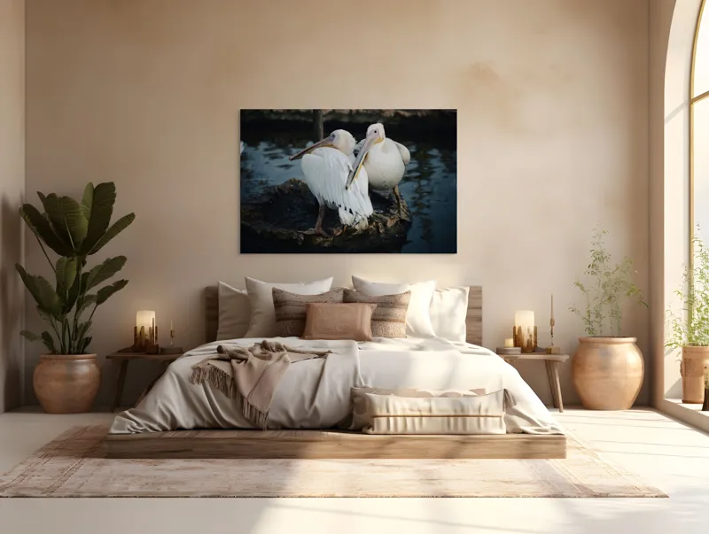 Tablou Canvas, "Pelicani în așteptarea apusului liniștit", Pelicani, Apă, Pene, Reflecție, Serenitate, Natură, Armonie, 150 x 100 cm – poza 4