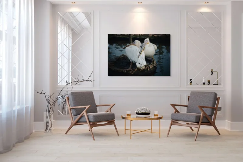 Tablou Canvas, "Pelicani în așteptarea apusului liniștit", Pelicani, Apă, Pene, Reflecție, Serenitate, Natură, Armonie, 150 x 100 cm – poza 7