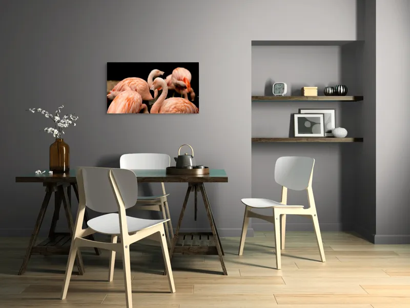 Tablou Canvas, "Grația flamingo în apusul serii", Flamingo, Roz, Pene, Apă, Gratie, Reflexie, Eleganță, Grup, Contrast, Negru, 90 x 50 cm – poza 3
