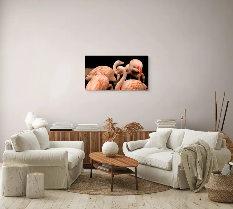 Tablou Canvas, "Grația flamingo în apusul serii", Flamingo, Roz, Pene, Apă, Gratie, Reflexie, Eleganță, Grup, Contrast, Negru, 90 x 50 cm – poza 4