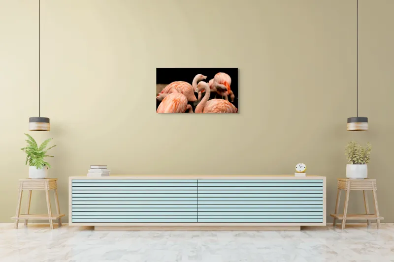 Tablou Canvas, "Grația flamingo în apusul serii", Flamingo, Roz, Pene, Apă, Gratie, Reflexie, Eleganță, Grup, Contrast, Negru, 90 x 50 cm – poza 5