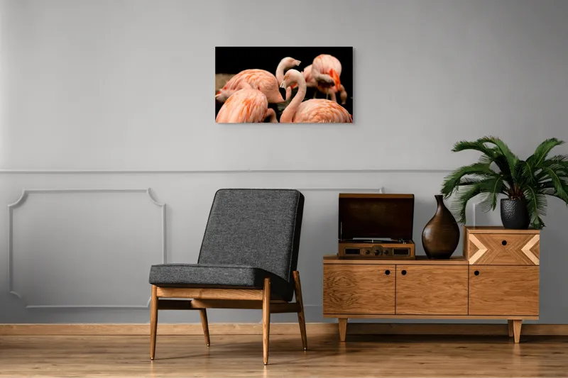 Tablou Canvas, "Grația flamingo în apusul serii", Flamingo, Roz, Pene, Apă, Gratie, Reflexie, Eleganță, Grup, Contrast, Negru, 90 x 50 cm – poza 6