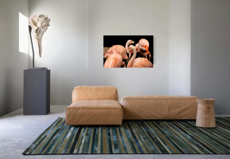 Tablou Canvas, "Grația flamingo în apusul serii", Flamingo, Roz, Pene, Apă, Gratie, Reflexie, Eleganță, Grup, Contrast, Negru, 90 x 50 cm – poza 8