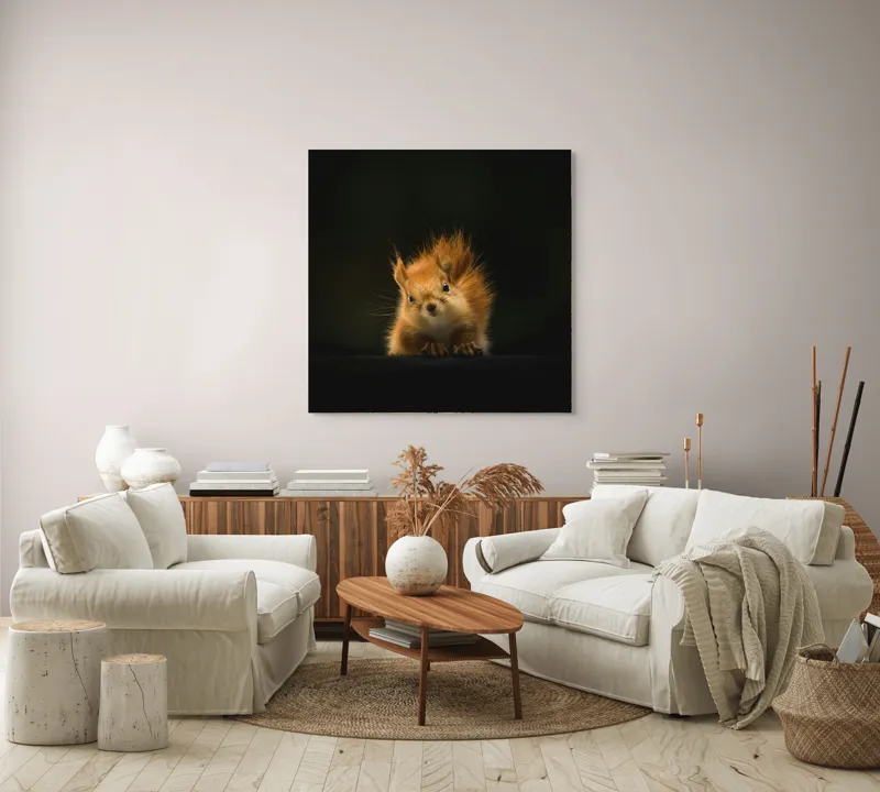 Tablou Canvas, "Veverița în lumina dimineții", Furnicătură, Blană, Urechiușe, Noapte, Privire, Seninătate, Silueta, 100 x 100 cm – poza 3