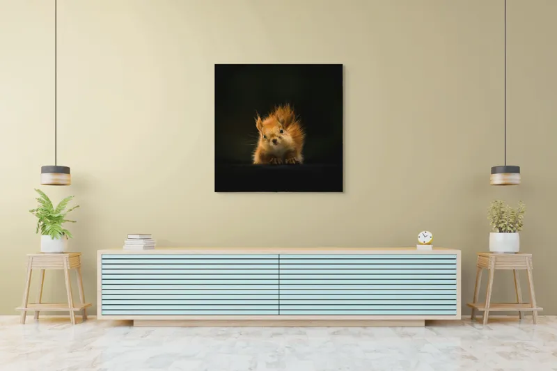 Tablou Canvas, "Veverița în lumina dimineții", Furnicătură, Blană, Urechiușe, Noapte, Privire, Seninătate, Silueta, 100 x 100 cm – poza 5