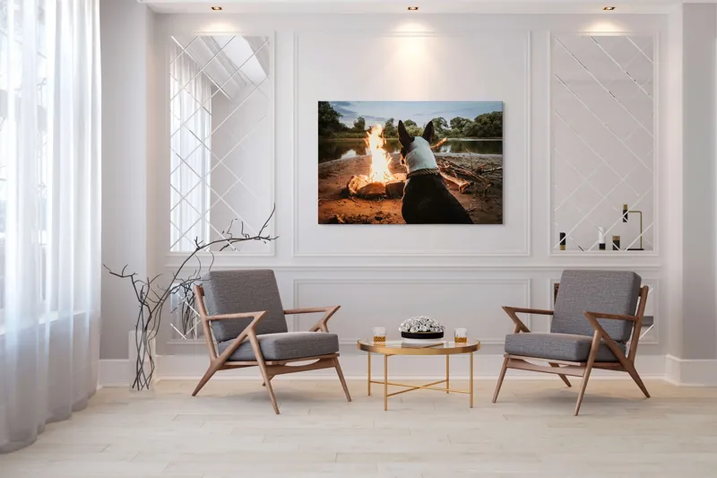 Tablou Canvas, "Câine privind focul de tabără", Câine, Foc, Noapte, Natură, Lumină, Râu, Copaci, Cer., 150 x 100 cm – poza 7