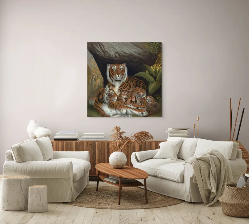 Tablou Canvas, "Tigrișorii alături de părinții lor grijulii", Tigru, Pui, Stânci, Vegetație, Familie, Blană, Striuri, Natură, Odihnă, Protecție, 100 x 100 cm – poza 3