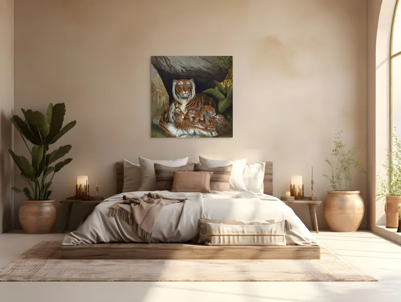 Tablou Canvas, "Tigrișorii alături de părinții lor grijulii", Tigru, Pui, Stânci, Vegetație, Familie, Blană, Striuri, Natură, Odihnă, Protecție, 100 x 100 cm – poza 4