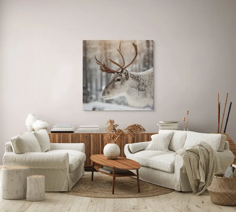 Tablou Canvas, "Ren alb în pădurea de iarnă", Frig, Ren, Alb, Zăpadă, Pădure, Iarnă, Crengi, Natură, Lumină, Serinitate, 100 x 100 cm – poza 3