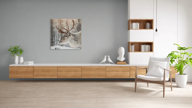 Tablou Canvas, "Ren alb în pădurea de iarnă", Frig, Ren, Alb, Zăpadă, Pădure, Iarnă, Crengi, Natură, Lumină, Serinitate, 100 x 100 cm – poza 8