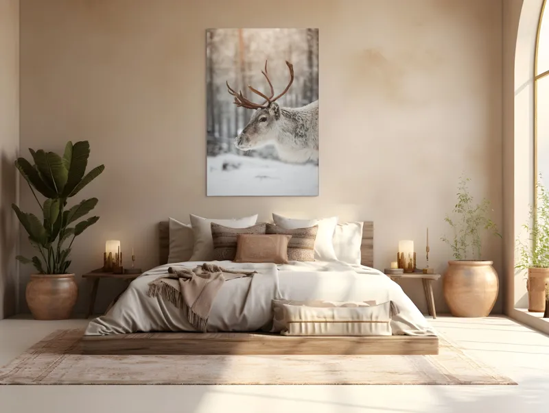 Tablou Canvas, "Ren alb în pădurea de iarnă", Frig, Ren, Alb, Zăpadă, Pădure, Iarnă, Crengi, Natură, Lumină, Serinitate, 100 x 150 cm – poza 3
