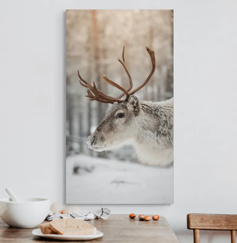 Tablou Canvas, "Ren alb în pădurea de iarnă", Frig, Ren, Alb, Zăpadă, Pădure, Iarnă, Crengi, Natură, Lumină, Serinitate, 50 x 90 cm – poza 3