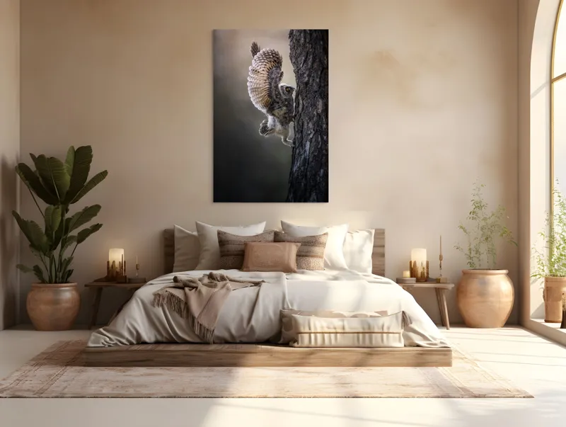 Tablou Canvas, "Puiul de bufniță își ia avânt", Bufniță, Aripă, Penaj, Copac, Zbor, Natură, Ochi, Pene, Trunchi., 100 x 150 cm – poza 3