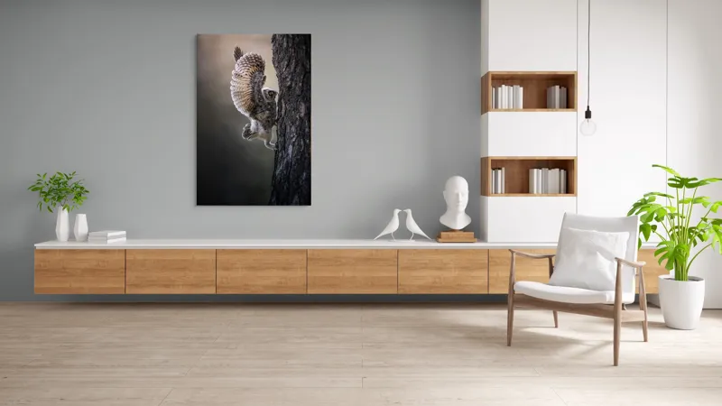Tablou Canvas, "Puiul de bufniță își ia avânt", Bufniță, Aripă, Penaj, Copac, Zbor, Natură, Ochi, Pene, Trunchi., 100 x 150 cm – poza 8