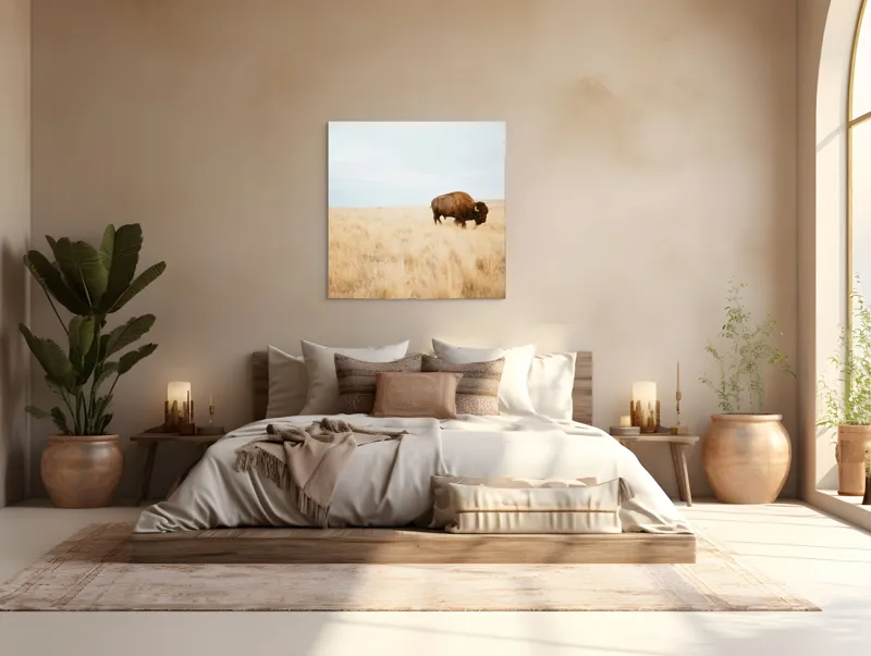 Tablou Canvas, "Bizon solitar în savana aridă", Bizon, Prerie, Cer, Solitudine, Peisaj, Natura, Liniste, 100 x 100 cm – poza 4