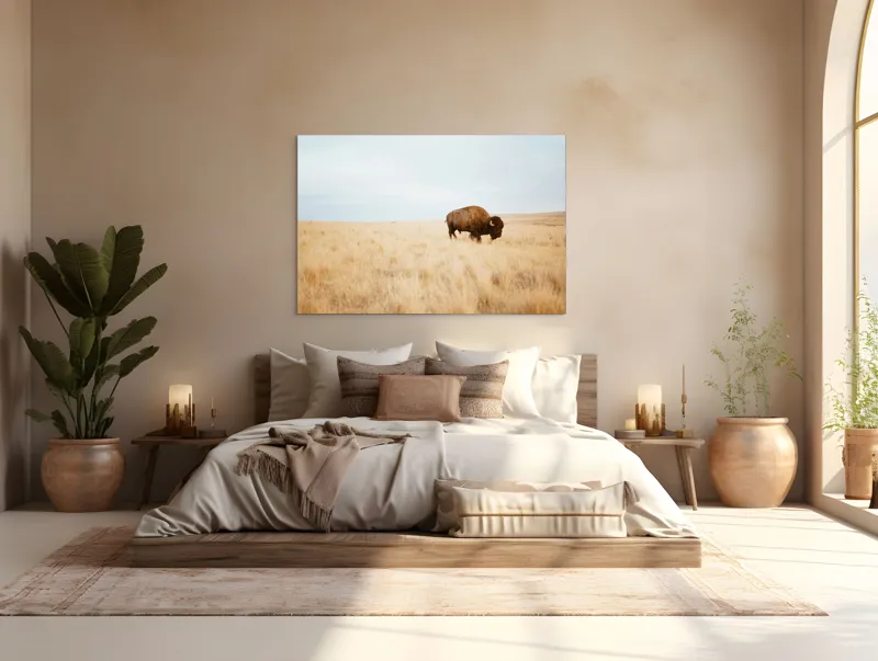 Tablou Canvas, "Bizon solitar în savana aridă", Bizon, Prerie, Cer, Solitudine, Peisaj, Natura, Liniste, 150 x 100 cm – poza 4