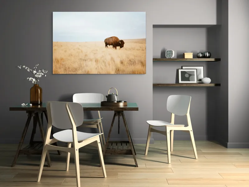 Tablou Canvas, "Bizon solitar în savana aridă", Bizon, Prerie, Cer, Solitudine, Peisaj, Natura, Liniste, 150 x 100 cm – poza 5